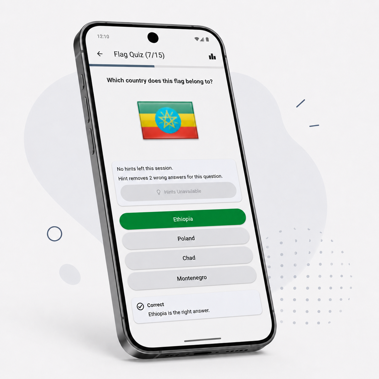 Quiznetic app showing a quiz question on a mobile device